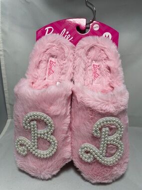 Mattel Barbie Pink Faux-Fur Slip-On Slippers with Pearl 'B' Accent